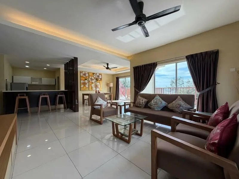 Living features: 3-seater fabric sofa in brown, 2-seater wooden armchair, glass coffee table, wooden TV console, floor-to-ceiling windows, sliding glass door, curtains in dark brown, recessed LED downlights, ceiling fan, white painted walls, glossy tile flooring, decorative wall art, area rug with geometric pattern; style: modern; view: garden.