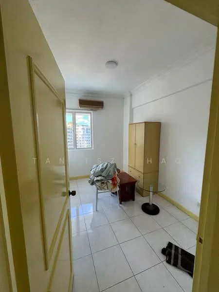 Room features: white painted walls, tile flooring, window with city view, air conditioning unit, built-in wardrobe, wooden side table, floor lamp, laundry on chair; view: city.