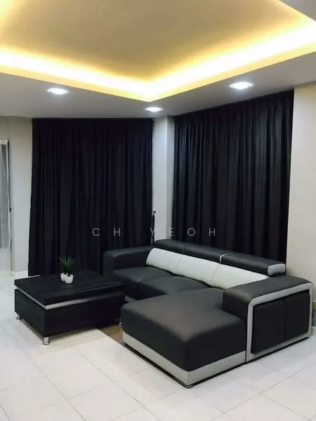 Living features: L-shape sectional sofa in black and white, coffee table with black surface, white tiled flooring, black curtains, recessed LED downlights, tray ceiling with ambient lighting, decorative plant in ceramic pot, wall with neutral paint; style: modern.