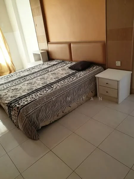 Bedroom features: king-size bed with upholstered headboard, bedside table in white, cream and black patterned bedspread, white tiled flooring, large window with sheer curtains, wooden wall paneling, decorative wall with texture, single pillow on bed; style: modern.