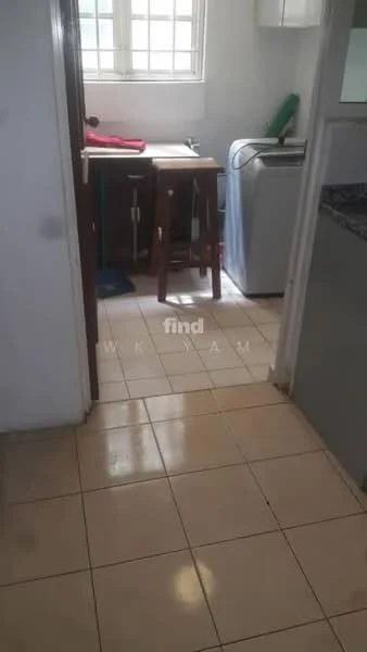 Laundry features: tile flooring, white walls, window with grid pattern, washing machine, wooden countertop, sink, stool, green cleaning supplies, granite countertop, cabinetry above sink.