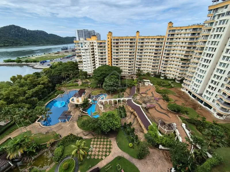 Exterior type: high-rise condominium; features: multiple swimming pools, landscaped gardens, walking paths, outdoor seating areas, children's playground, waterfront view, surrounding greenery, palm trees, manicured lawns, recreational areas; style: modern.