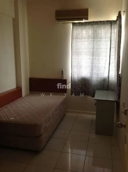 Bedroom features: single bed, mattress, wooden headboard, nightstand, window with sheer curtains, wall-mounted air conditioning unit, tiled flooring, light-colored walls.
