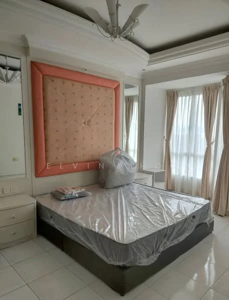 Bedroom features: queen-size bed, upholstered headboard with pink fabric, built-in wardrobe with mirror, white painted walls, tray ceiling, ceiling fan, floor-to-ceiling windows, sheer curtains, white tiled flooring; style: modern.