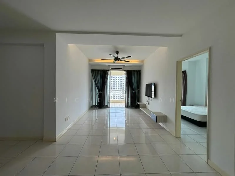 Living features: white painted walls, glossy ceramic tile flooring, 5-blade ceiling fan with light, floor-to-ceiling windows, sheer curtains, dark curtains, wall-mounted TV, built-in TV console, air conditioning unit, open layout, natural light from windows, neutral color scheme; style: modern; view: city.