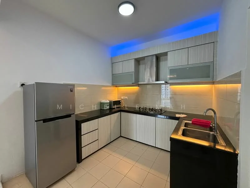 Kitchen features: stainless-steel fridge, black granite countertop, white laminate cabinetry, built-in oven, ceramic tile backsplash, single-bowl stainless-steel sink, chrome pull-down faucet, under-cabinet LED lighting, recessed ceiling light, white walls, tile flooring; style: modern.
