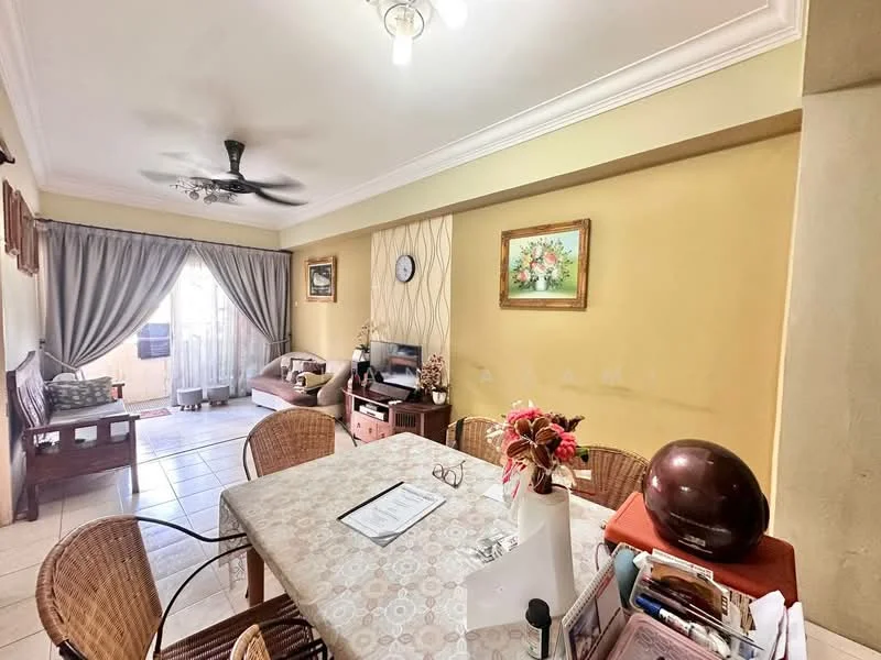 Dining features: round dining table with floral tablecloth, 4 wicker dining chairs, decorative vase with flowers, wall-mounted clock, framed artwork on wall, cream painted walls, ceiling fan with light, tile flooring, curtains on window, sofa in background, TV console with television; style: traditional. Living features: sofa, coffee table, TV console, curtains on window; style: traditional.