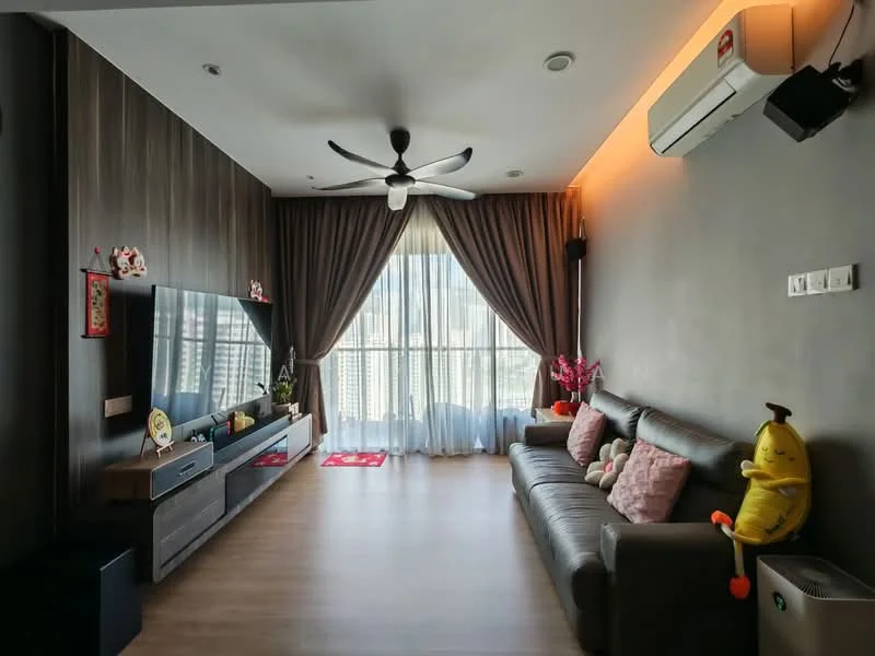 Living features: 3-seater leather sofa in dark brown, wall-mounted TV, TV console with storage, floor-to-ceiling windows, sheer curtains, dark wood feature wall, light wood flooring, ceiling fan with light, wall-mounted split AC, decorative wall art, area rug with geometric pattern, decorative plants; style: modern; view: city.