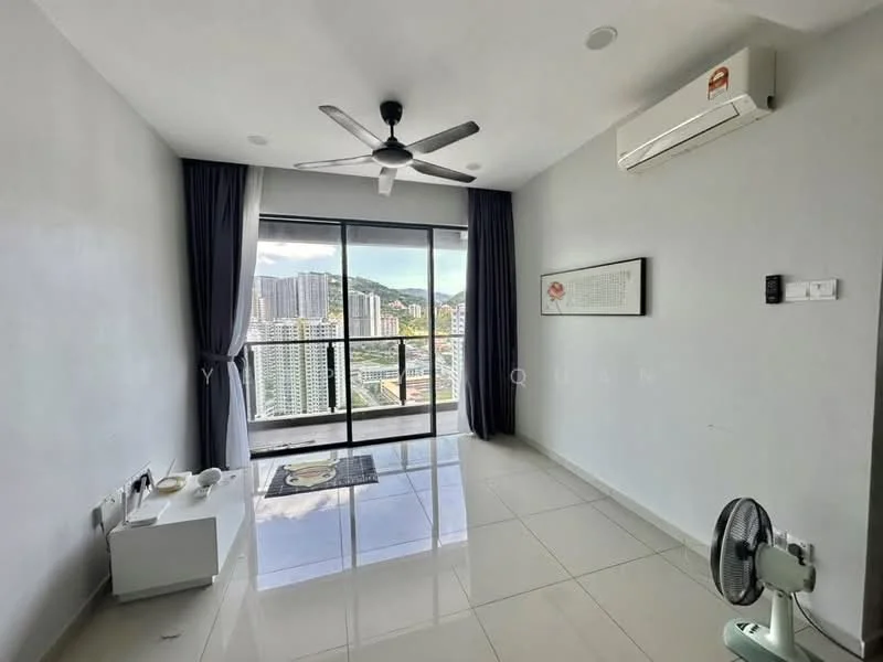 Living features: grey painted walls, white ceiling, 5-blade ceiling fan with light, floor-to-ceiling windows, sliding glass door, curtains, white tiled flooring, air conditioning unit, decorative wall art, small coffee table, area rug, wall-mounted TV, standing fan; style: modern; view: city.