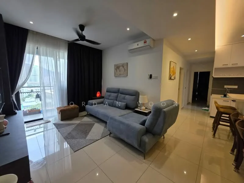 Living features: grey fabric sectional sofa, coffee table, area rug with geometric pattern, wall-mounted TV, TV console, floor-to-ceiling windows, blackout curtains, 5-blade ceiling fan with light, recessed downlights, cream painted walls, glossy tile flooring, decorative artwork on wall, air conditioning unit; style: modern; view: city. Kitchen features: white cabinetry, kitchen island, stainless-steel sink, chrome pull-down faucet, built-in oven, freestanding range oven, microwave, bar stools; style: modern.