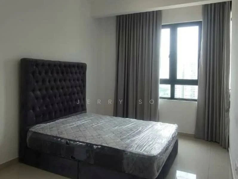 Bedroom features: queen-size bed, upholstered headboard in dark grey, floor-to-ceiling window, grey curtains, light-coloured walls, tile flooring, mattress wrapped in plastic; style: modern; view: city.