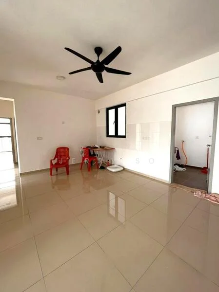 Living features: glossy ceramic tile flooring, white painted walls, 5-blade ceiling fan, large window, dining table with chairs, two red plastic chairs, open layout, wall-mounted electrical outlets; style: modern. Room features: white painted walls, ceramic tile flooring, visible plumbing fixtures.