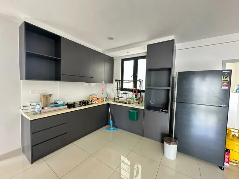 Kitchen features: dark grey cabinetry, white countertop, stainless-steel fridge, built-in oven, 4-burner gas hob, sink with faucet, tile flooring, window with natural light, open shelving, cleaning supplies on countertop, kitchen utensils, trash bin; style: modern.