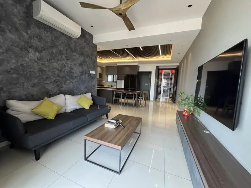 Living features: 3-seater fabric sofa in grey, yellow accent cushions, wood coffee table, wall-mounted TV, TV console, recessed LED downlights, ceiling fan with light, white tiled flooring, grey accent wall, large windows with natural light, decorative plant; style: modern.