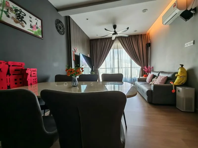 Living features: grey fabric sofa, coffee table, wall-mounted TV, 5-blade ceiling fan with light, floor-to-ceiling windows, curtains, decorative wall art, wooden flooring, decorative plants, dining table with chairs; style: modern; view: city.