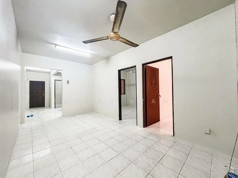 Room features: white painted walls, white tiled flooring, ceiling fan, single door, double door, fluorescent ceiling light, empty space, no visible furniture; style: minimalist.