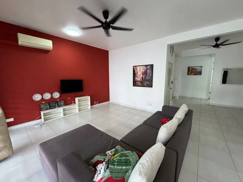 Living features: grey fabric sectional sofa, white coffee table, wall-mounted TV, 5-blade ceiling fan with light, white tiled flooring, red accent wall, white painted walls, decorative wall clock, framed artwork, air conditioning unit; style: modern. Room features: white tiled flooring, open layout to adjacent room.