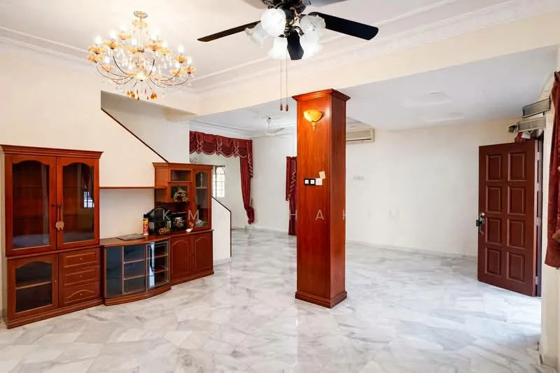 Living features: marble flooring, white painted walls, tray ceiling, chandelier, 5-blade ceiling fan, wooden display cabinet, built-in shelving, large window with curtains, wall-mounted air conditioning unit, wooden door, staircase, decorative wall sconce; style: traditional.