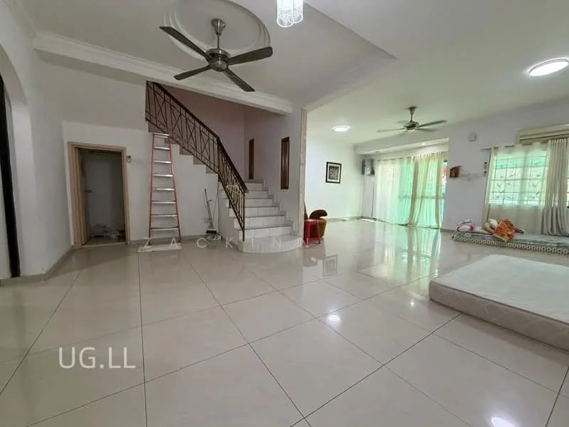 Living features: large open space, white painted walls, polished ceramic tile flooring, tray ceiling with ceiling fan, 2 ceiling fans, large windows with sheer curtains, staircase with wrought iron railing, corner for seating area, natural light from windows, neutral color scheme; style: modern. Room features: ladder, unfinished area, space for furniture arrangement.
