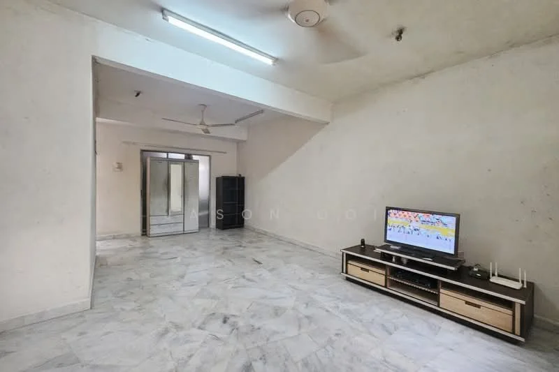 Living features: marble flooring, white painted walls, ceiling fan, wall-mounted TV, TV console, large sliding glass door, natural light from windows, neutral decor.