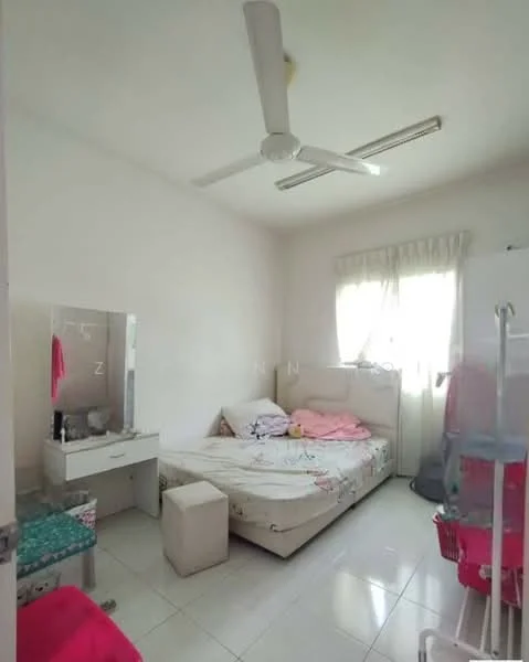 Bedroom features: white painted walls, glossy tile flooring, ceiling fan, double bed with floral bedding, mirror dresser, window with sheer curtains, small stool, wardrobe, pink decorative items; style: minimalist.