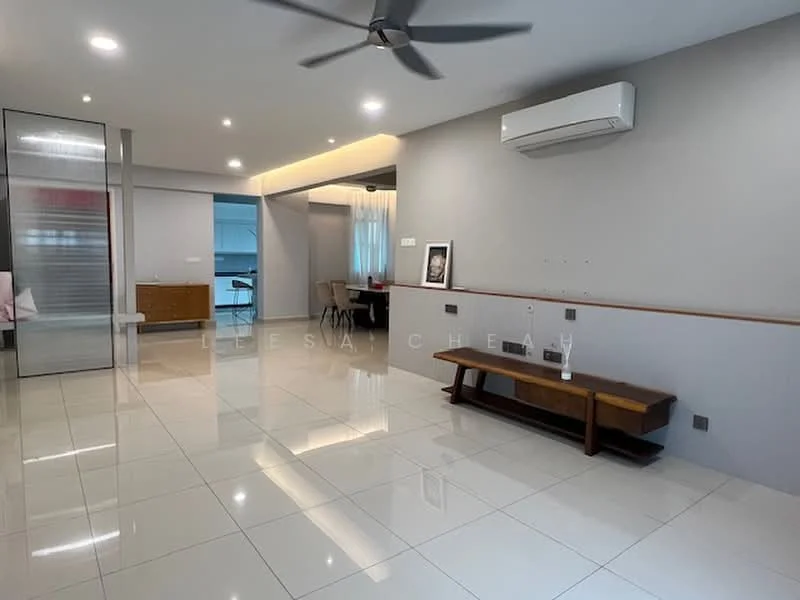 Living features: white painted walls, grey accent wall, polished ceramic tile flooring, 5-blade ceiling fan, wall-mounted air conditioning unit, wooden console table, recessed lighting, dining area visible in background, large windows with sheer curtains; style: modern.