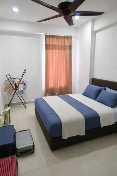 Bedroom features: king-size bed with blue bedding, upholstered headboard, 2 bedside pillows, ceiling fan with 3 blades, floor-to-ceiling window, brown curtains, cream painted walls, tile flooring, clothes drying rack, 2 suitcases, decorative wall, natural light from window; style: modern.