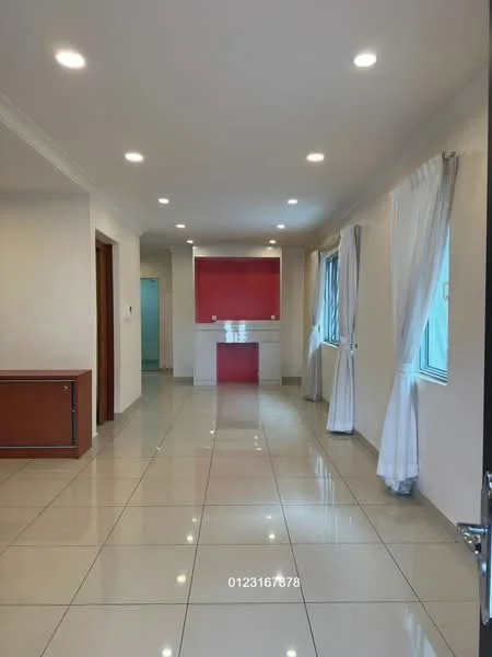 Living features: white painted walls, glossy ceramic tile flooring, recessed downlights, large windows with sheer curtains, feature wall in red, open layout, neutral color palette, corner space for furniture; style: modern.