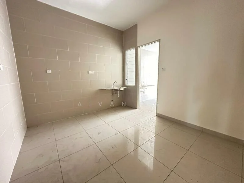 Room features: light beige tiled walls, white painted walls, glossy white floor tiles, single window with louvered shutters, wall-mounted sink, no visible appliances or furniture; style: minimalist.