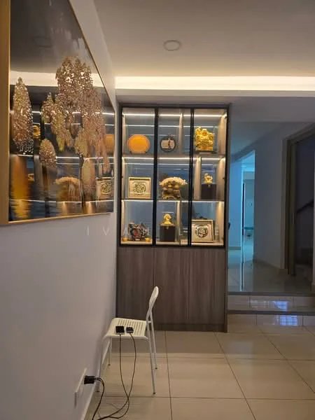 Room features: white painted walls, glossy tile flooring, built-in display cabinet with glass doors, wooden cabinet base, decorative items inside cabinet, framed artwork on wall, recessed lighting, small white chair, power outlet on wall; style: modern.