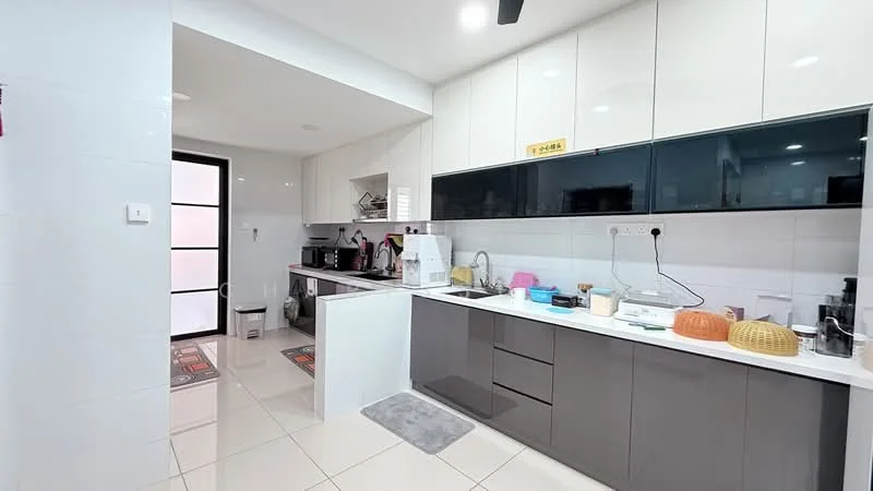Kitchen features: white glossy upper cabinets, dark grey lower cabinets, stainless-steel sink, chrome pull-down faucet, white countertop, built-in oven, freestanding microwave, toaster, kettle, dishwasher, ceramic tile flooring, recessed downlights, wall-mounted fan, open shelving, decorative fruit bowl; style: modern.