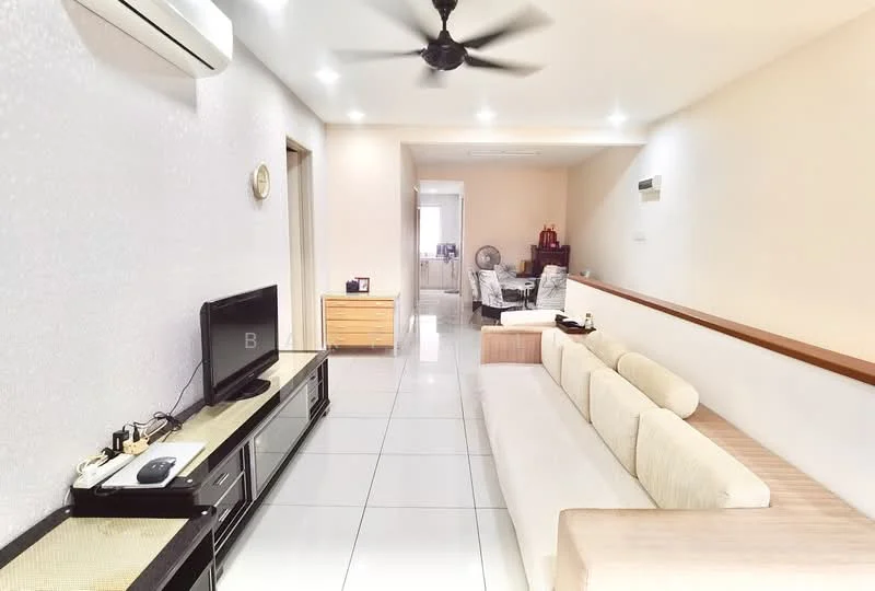 Living features: white painted walls, glossy tile flooring, 5-blade ceiling fan with light, wall-mounted TV, black TV console, cream fabric sofa, coffee table, decorative wall clock, recessed LED downlights, wooden railing, air conditioning unit; style: modern.