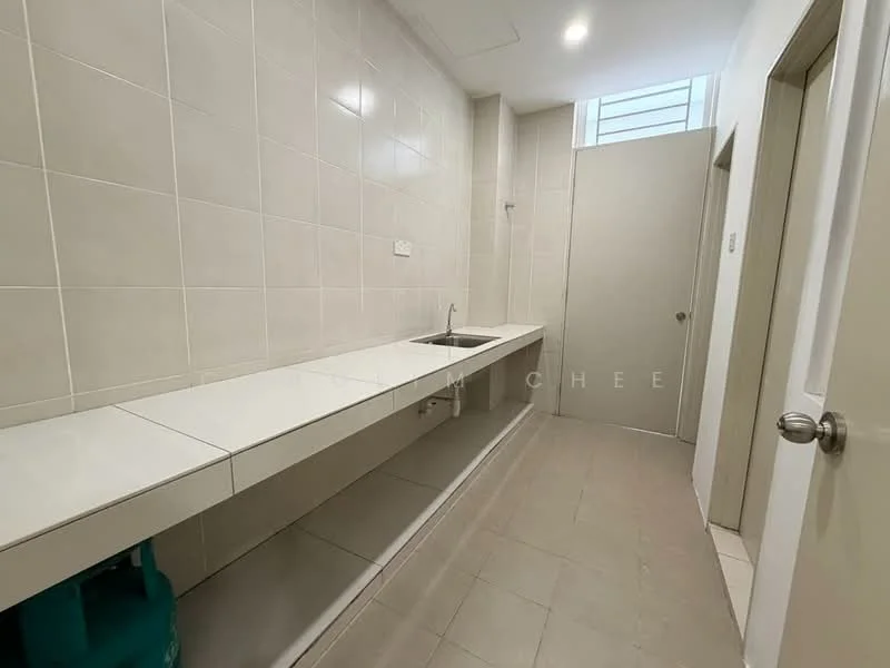 Laundry features: white tiled walls, grey tiled flooring, long white countertop, double-bowl stainless-steel sink, single faucet, built-in cabinetry below countertop, door leading to another room, window for natural light; style: modern.