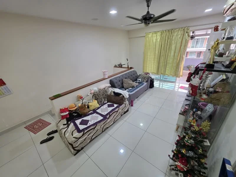Living features: grey fabric sofa, white tiled flooring, cream painted walls, ceiling fan, large window with sheer curtains, decorative shelving unit, area rug, decorative plants, Christmas tree, throw pillows, coffee table, wall-mounted decorations; style: modern.