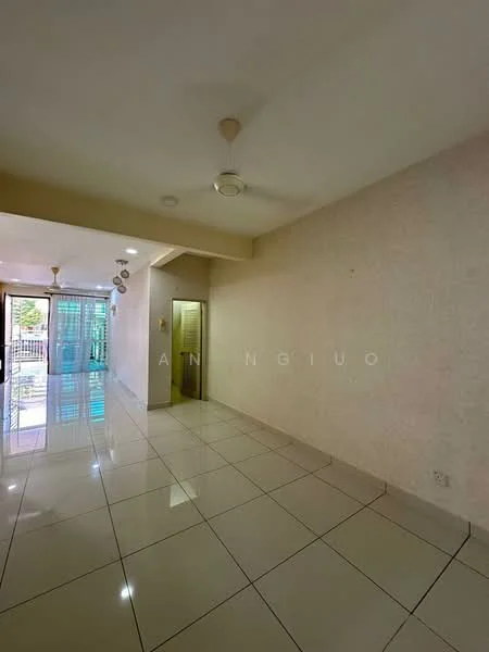 Room features: white painted walls, glossy ceramic tile flooring, ceiling fan, recessed downlights, large sliding glass door, natural light from windows, open layout, neutral color scheme; style: modern; view: garden.