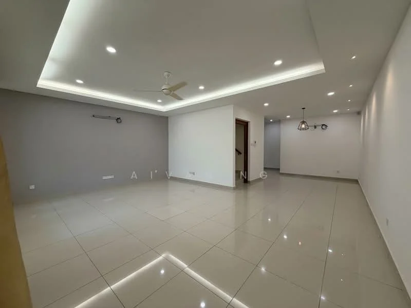 Living features: white painted walls, grey accent wall, polished ceramic tile flooring, recessed downlights, 5-blade ceiling fan, pendant light, doorway leading to another room, wall-mounted fixtures; style: modern.