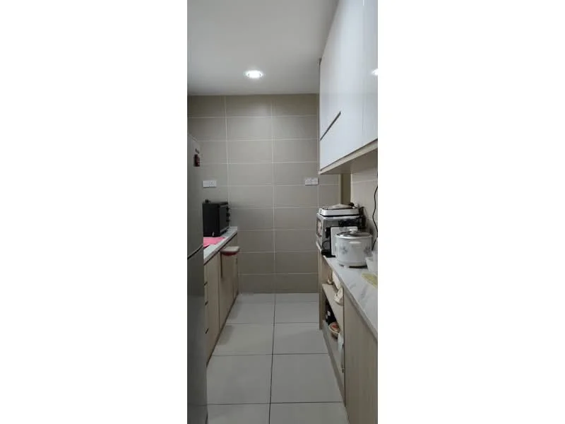 Kitchen features: white cabinets, grey tiled walls, white countertop, stainless-steel sink, built-in oven, microwave, ceramic tile flooring, recessed downlights, kitchen appliances, open shelving; style: modern.
