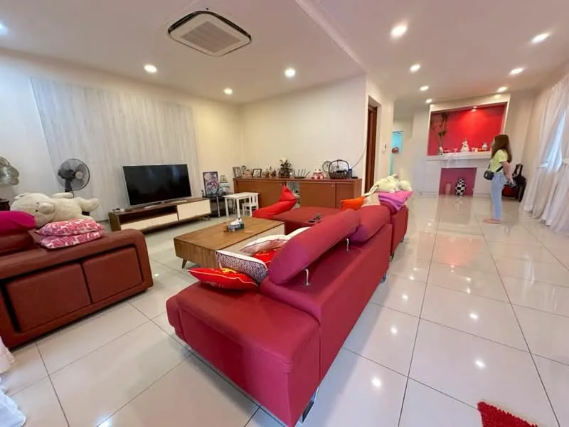 Living features: red L-shape sectional sofa, 3-seater leather sofa in brown, coffee table with wooden top, TV console with wall-mounted TV, white tiled flooring, recessed downlights, air conditioning unit, decorative wall art, large windows with sheer curtains, area rug with geometric pattern, decorative plants, wall-mounted shelves, bar counter with stools; style: modern.