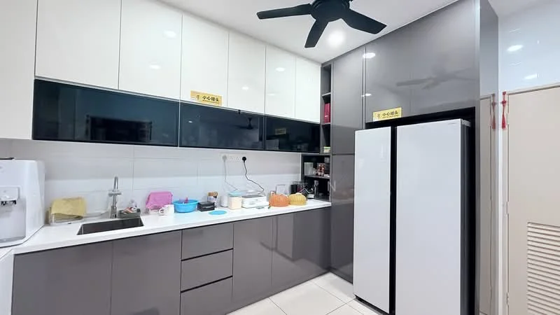 Kitchen features: white upper cabinets, grey lower cabinets, black countertop, stainless-steel sink, chrome pull-down faucet, built-in oven, freestanding refrigerator, ceramic tile flooring, ceiling fan, wall-mounted storage, open shelving, kitchen utensils on countertop, multiple containers on countertop; style: modern.