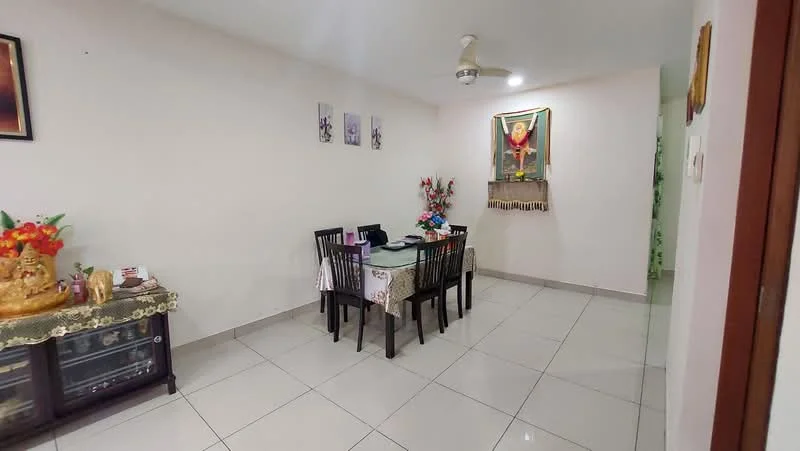 Dining features: rectangular dining table with tablecloth, 4 dining chairs, wall-mounted artwork, ceiling fan, tiled flooring, decorative flower arrangement, wooden sideboard, decorative items on sideboard; style: modern. Room features: white painted walls, doorway leading to another room.