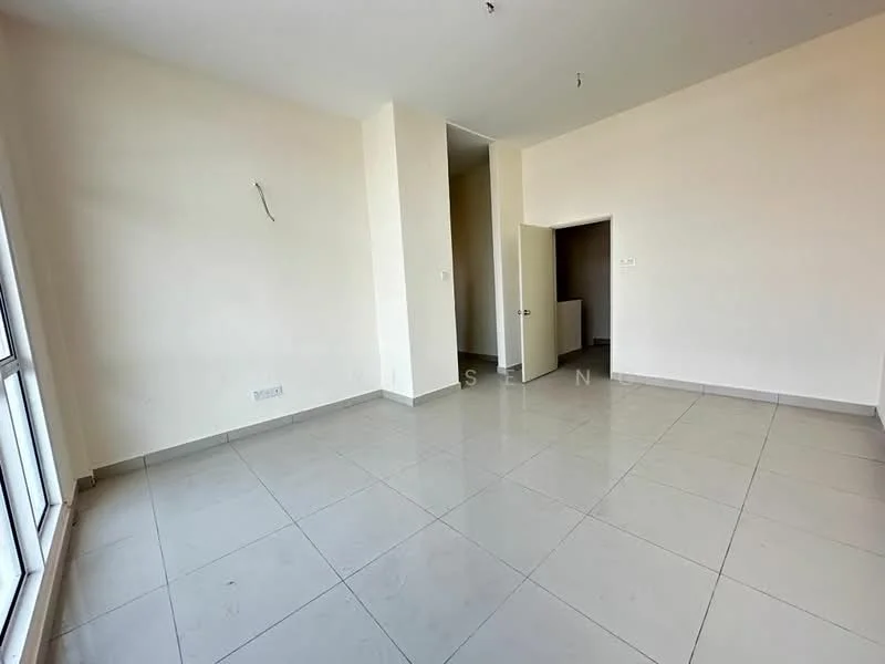Room features: white painted walls, light grey floor tiles, large windows, natural light, no visible furniture, plain ceiling, open layout, neutral color scheme; style: modern.