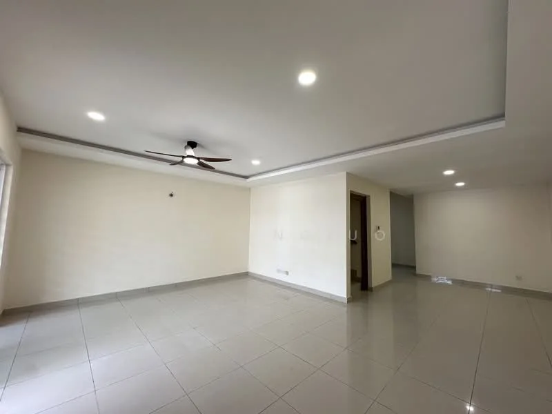 Living features: white painted walls, polished ceramic tile flooring, tray ceiling with recessed lighting, 5-blade ceiling fan, large windows for natural light, neutral color scheme, open layout, no visible furniture; style: modern.