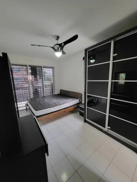 Bedroom features: queen-size bed, black sliding wardrobe with glass panels, white tiled flooring, ceiling fan with light, floor-to-ceiling windows, black bedside table, neutral wall color, window treatments; style: modern.