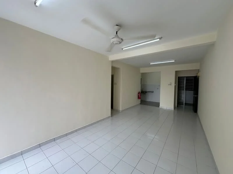 Living features: white painted walls, ceramic tile flooring, 5-blade ceiling fan with light, recessed LED downlights, open layout, doorway leading to kitchen, fire extinguisher mounted on wall. Kitchen features: white painted walls, ceramic tile flooring, kitchen area visible in background.