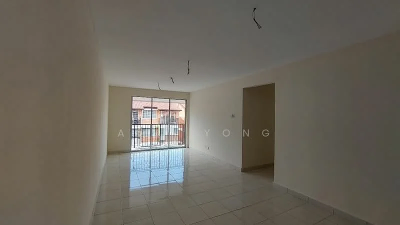 Living features: white painted walls, glossy ceramic tile flooring, floor-to-ceiling windows, sliding glass door, natural light from windows, neutral color scheme, no visible furniture, ceiling with exposed wiring; style: modern.
