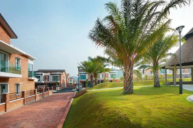 Exterior type: linked terrace house; features: manicured lawn, palm trees, brick-paved walkway, landscape garden, multiple-storey houses, outdoor lighting, greenery surrounding the area; style: modern.