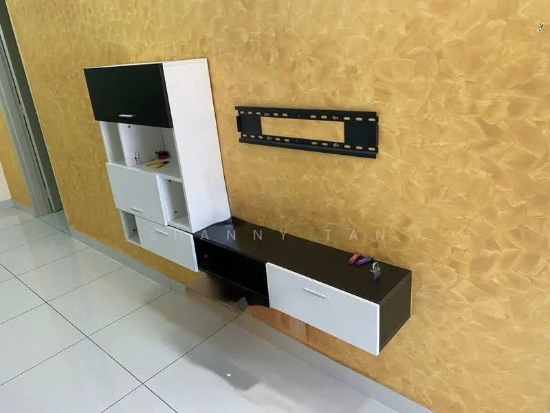 Room features: yellow textured wall, white wall-mounted storage unit, black wall-mounted storage unit, white drawers, black drawers, wall-mounted TV bracket, glossy finish on cabinetry, white tiled flooring; style: modern.