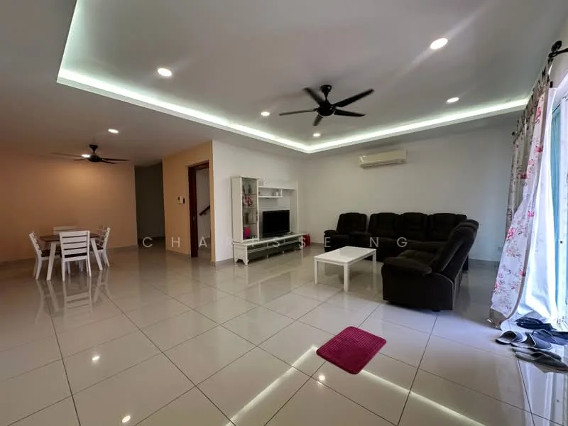 Living features: white painted walls, recessed ceiling with LED strip lighting, polished ceramic tile flooring, 5-blade ceiling fan with light, 3-seater fabric sofa in dark brown, white coffee table, TV console, wall-mounted TV, area rug in pink, sliding glass door, curtains with floral pattern, 1 wall-mounted split AC; style: modern. Dining features: 6-seater dining table in white, white dining chairs; style: modern.