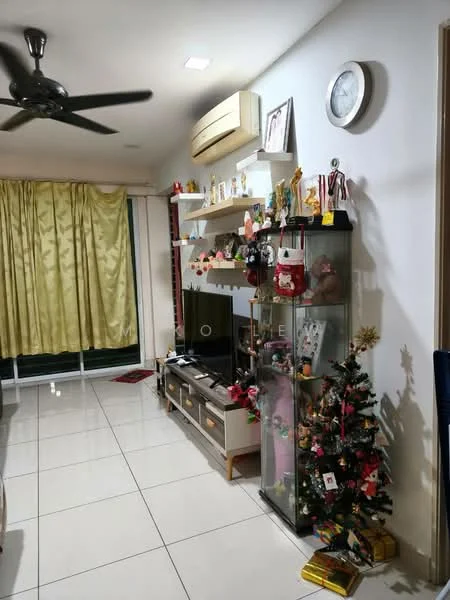 Living features: white painted walls, glossy white tile flooring, 5-blade ceiling fan with light, wall-mounted air conditioning unit, TV console with storage, glass display cabinet, decorative items on shelves, wall clock, green curtains, Christmas tree, decorative figurines; style: modern.