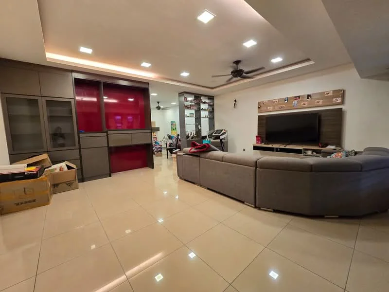 Living features: grey L-shape sectional sofa, large flat-screen TV on wall-mounted console, ceiling fan with light, recessed downlights, glossy red cabinetry, built-in shelving unit, cream tiled flooring, decorative wall with photo frames; style: modern.